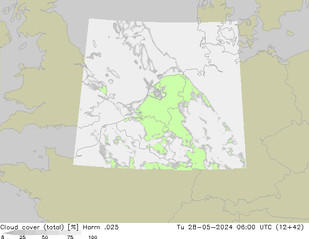 Cloud cover (total) Harm .025 Tu 28.05.2024 06 UTC