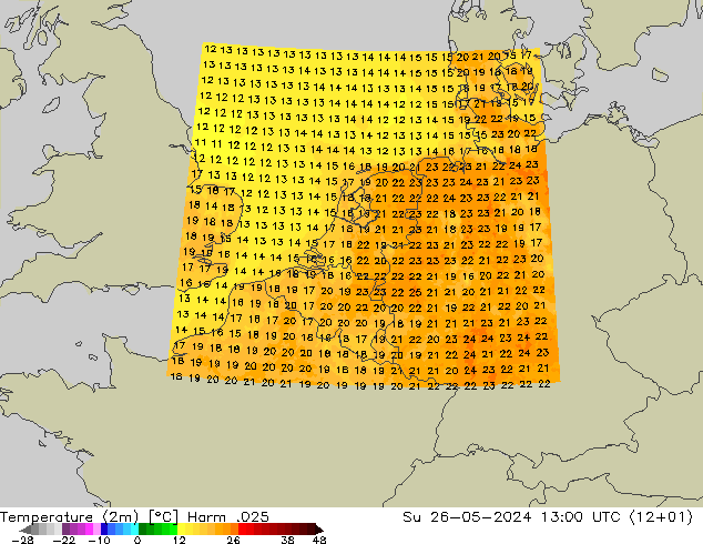 mapa temperatury (2m) Harm .025 nie. 26.05.2024 13 UTC