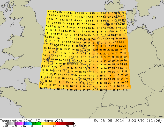 Temperatura (2m) Harm .025 dom 26.05.2024 18 UTC