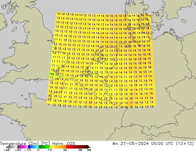 Temperaturkarte (2m) Harm .025 Mo 27.05.2024 00 UTC