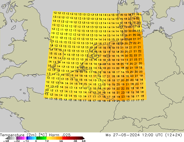 Temperaturkarte (2m) Harm .025 Mo 27.05.2024 12 UTC