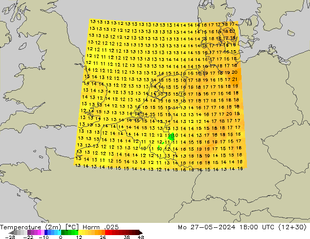 Temperatuurkaart (2m) Harm .025 ma 27.05.2024 18 UTC