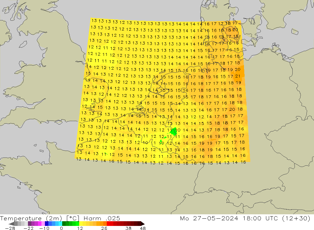 Sıcaklık Haritası (2m) Harm .025 Pzt 27.05.2024 18 UTC