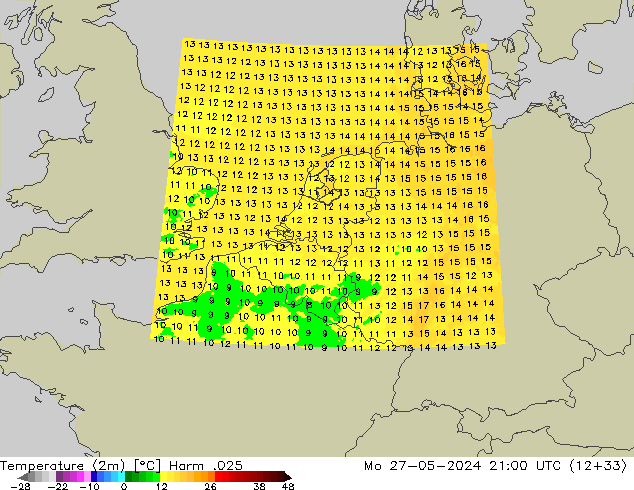 Temperatura (2m) Harm .025 Seg 27.05.2024 21 UTC