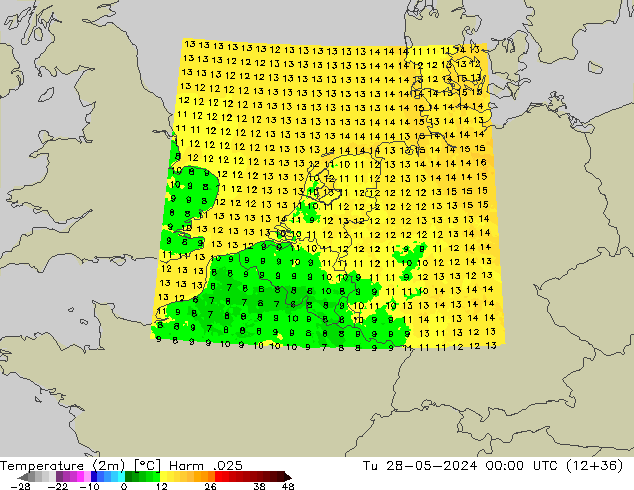 Temperaturkarte (2m) Harm .025 Di 28.05.2024 00 UTC