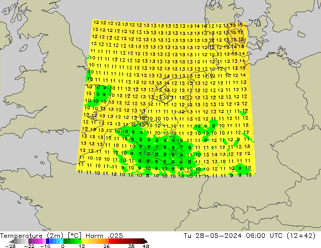 Temperatuurkaart (2m) Harm .025 di 28.05.2024 06 UTC