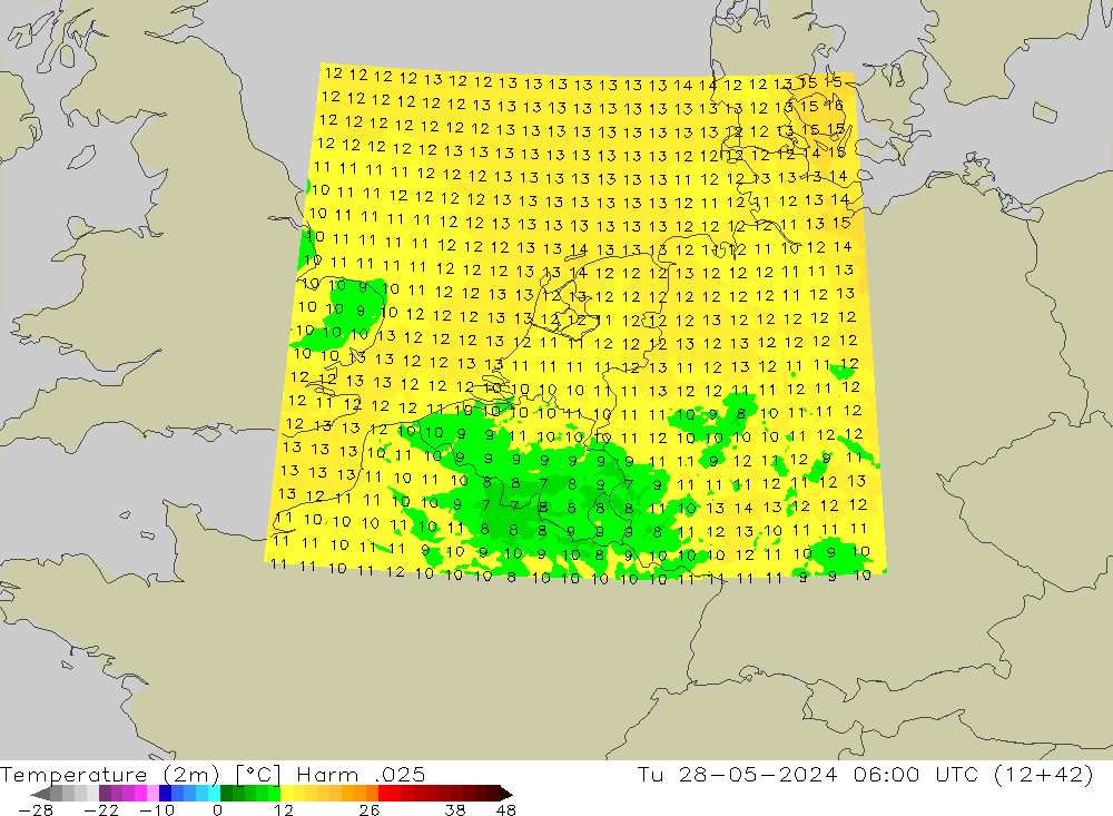 Temperature (2m) Harm .025 Tu 28.05.2024 06 UTC