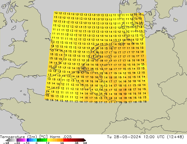 Temperatuurkaart (2m) Harm .025 di 28.05.2024 12 UTC