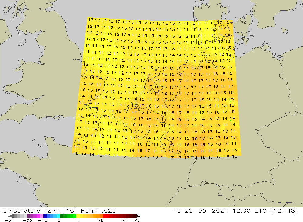 Temperatuurkaart (2m) Harm .025 di 28.05.2024 12 UTC