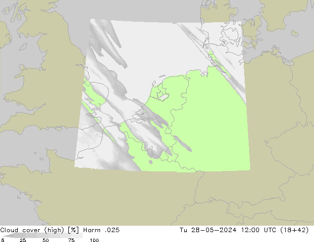 Cloud cover (high) Harm .025 Tu 28.05.2024 12 UTC