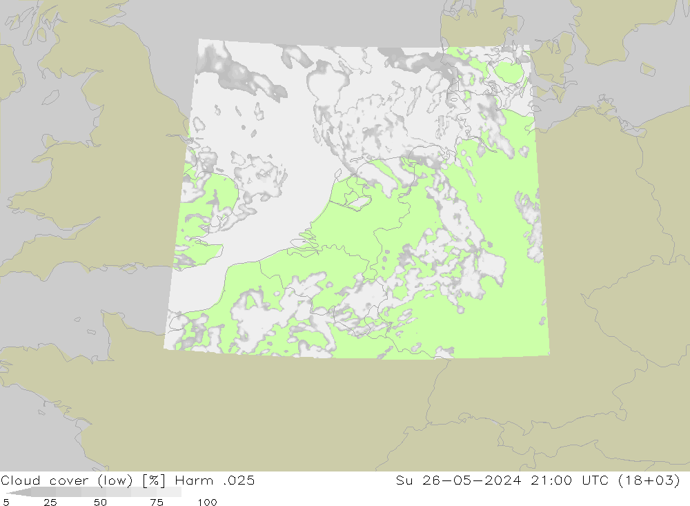 Cloud cover (low) Harm .025 Su 26.05.2024 21 UTC