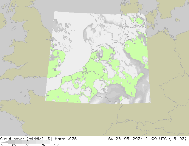 Cloud cover (middle) Harm .025 Su 26.05.2024 21 UTC