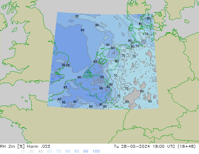 Humidité rel. 2m Harm .025 mar 28.05.2024 18 UTC