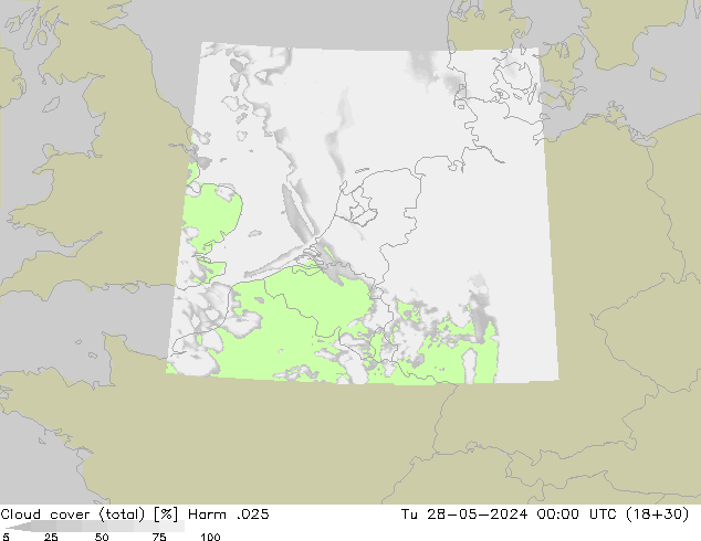 Bewolking (Totaal) Harm .025 di 28.05.2024 00 UTC