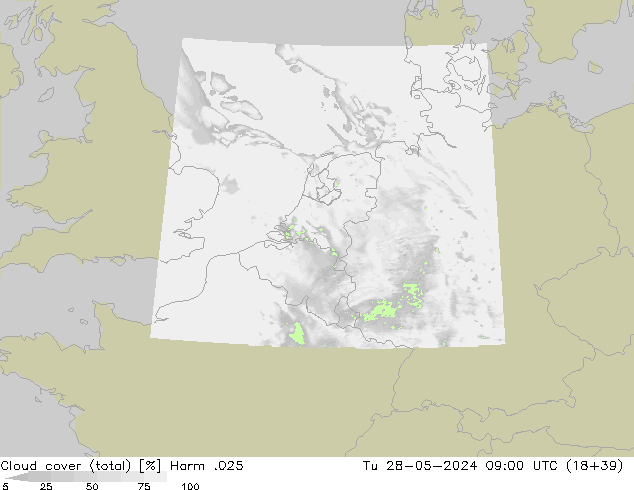 Bewolking (Totaal) Harm .025 di 28.05.2024 09 UTC