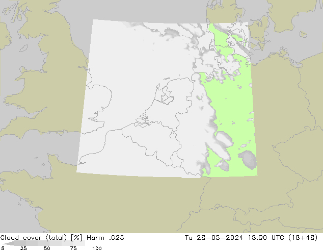 Cloud cover (total) Harm .025 Tu 28.05.2024 18 UTC