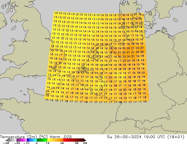 Temperatuurkaart (2m) Harm .025 zo 26.05.2024 19 UTC