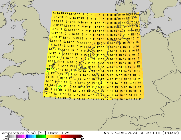 Temperatuurkaart (2m) Harm .025 ma 27.05.2024 00 UTC