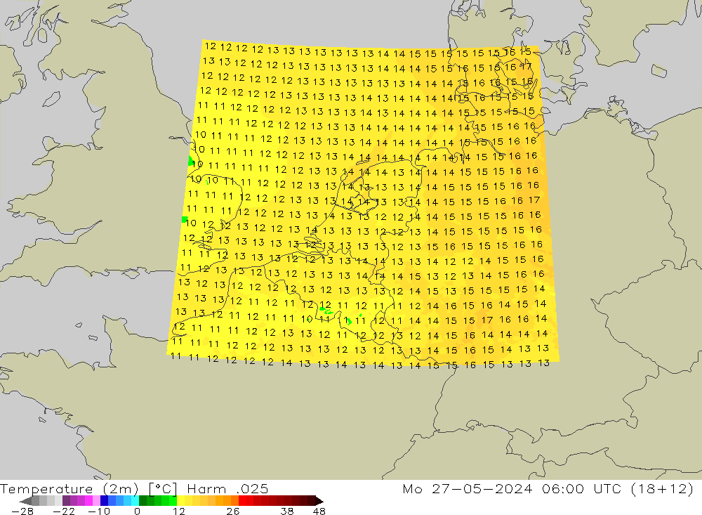 Temperature (2m) Harm .025 Mo 27.05.2024 06 UTC