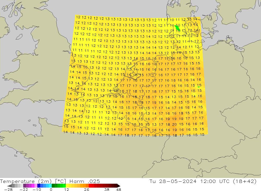 Temperature (2m) Harm .025 Tu 28.05.2024 12 UTC