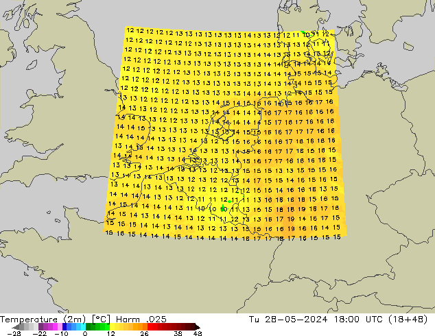 Temperatura (2m) Harm .025 mar 28.05.2024 18 UTC