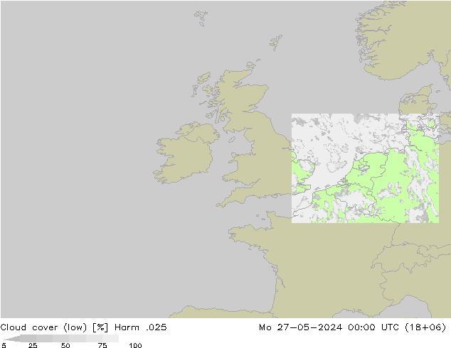 Cloud cover (low) Harm .025 Mo 27.05.2024 00 UTC