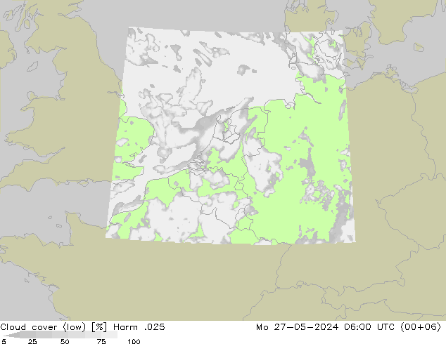 Cloud cover (low) Harm .025 Mo 27.05.2024 06 UTC