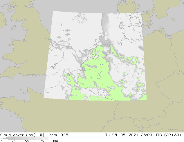 Cloud cover (low) Harm .025 Tu 28.05.2024 06 UTC