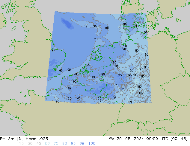 Humidité rel. 2m Harm .025 mer 29.05.2024 00 UTC