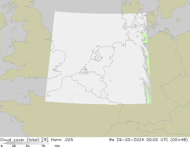 Cloud cover (total) Harm .025 We 29.05.2024 00 UTC