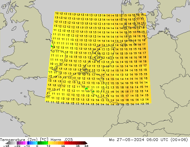 mapa temperatury (2m) Harm .025 pon. 27.05.2024 06 UTC