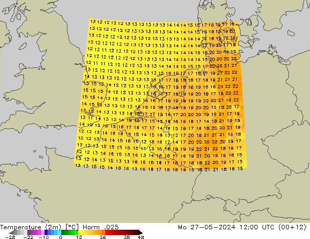 Temperatuurkaart (2m) Harm .025 ma 27.05.2024 12 UTC