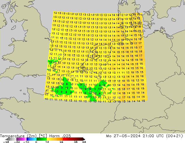 Sıcaklık Haritası (2m) Harm .025 Pzt 27.05.2024 21 UTC