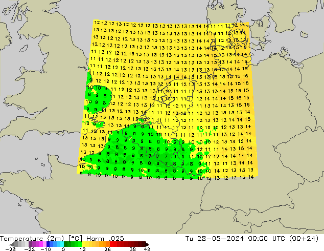 mapa temperatury (2m) Harm .025 wto. 28.05.2024 00 UTC