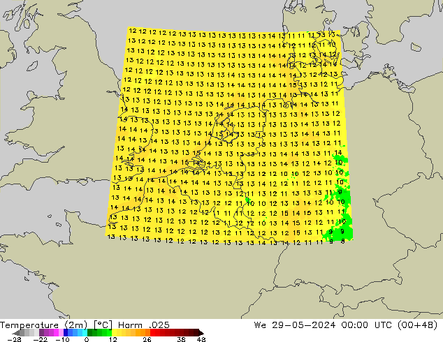 Temperatuurkaart (2m) Harm .025 wo 29.05.2024 00 UTC