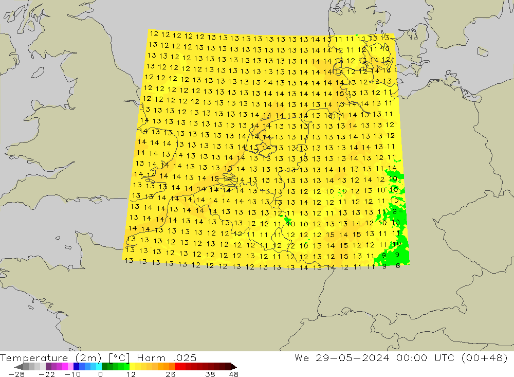 mapa temperatury (2m) Harm .025 śro. 29.05.2024 00 UTC