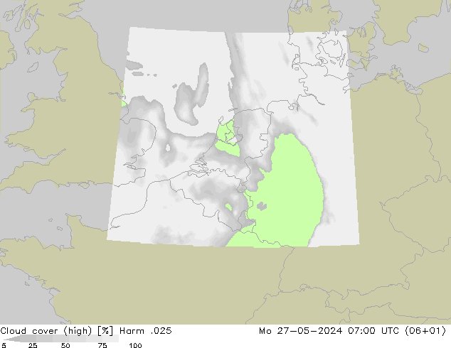 Cloud cover (high) Harm .025 Mo 27.05.2024 07 UTC