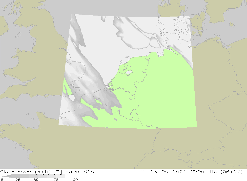 Cloud cover (high) Harm .025 Tu 28.05.2024 09 UTC