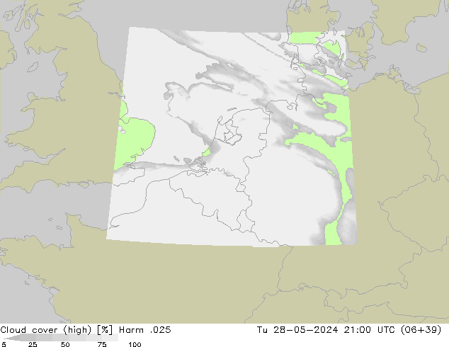 Cloud cover (high) Harm .025 Tu 28.05.2024 21 UTC