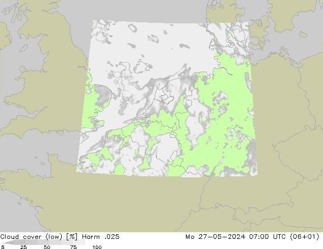 Cloud cover (low) Harm .025 Mo 27.05.2024 07 UTC