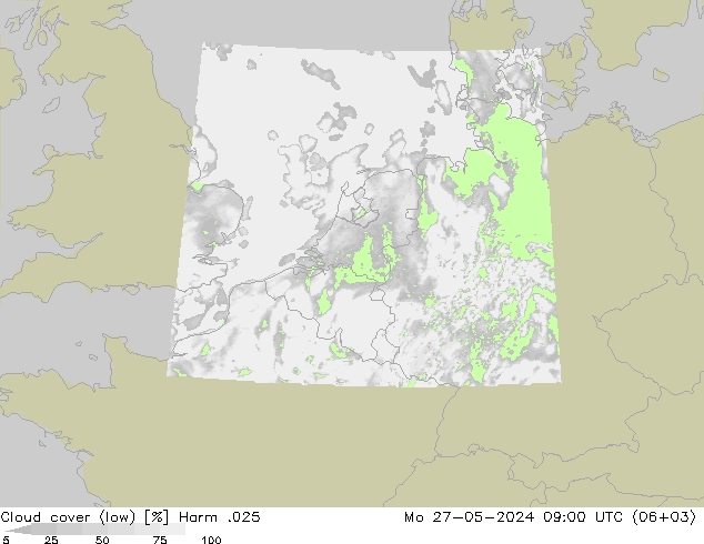 Cloud cover (low) Harm .025 Mo 27.05.2024 09 UTC