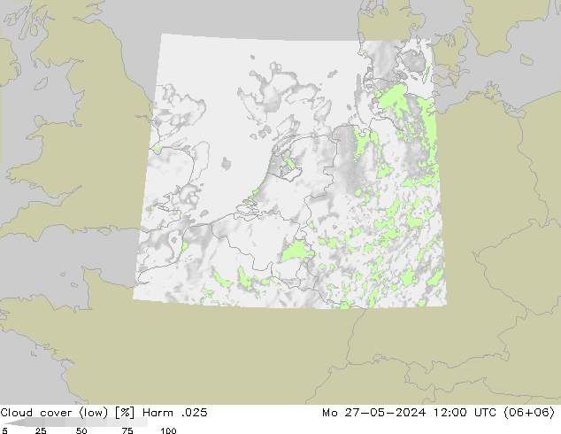 Cloud cover (low) Harm .025 Mo 27.05.2024 12 UTC