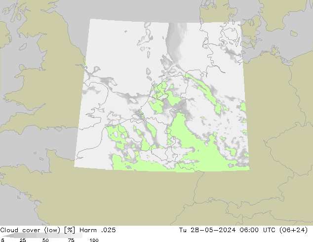 Cloud cover (low) Harm .025 Tu 28.05.2024 06 UTC