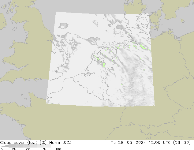 Cloud cover (low) Harm .025 Tu 28.05.2024 12 UTC