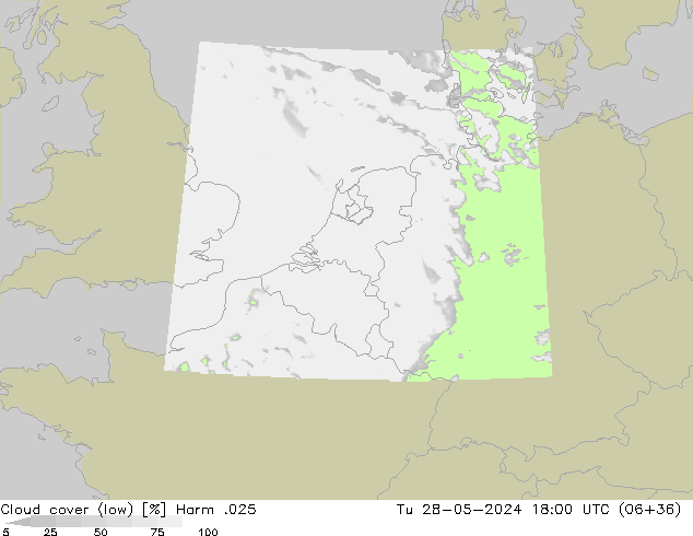 Cloud cover (low) Harm .025 Tu 28.05.2024 18 UTC