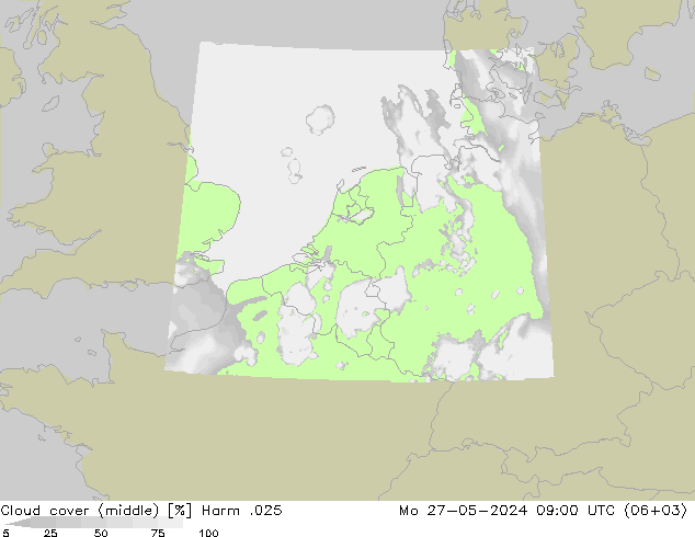 Cloud cover (middle) Harm .025 Mo 27.05.2024 09 UTC