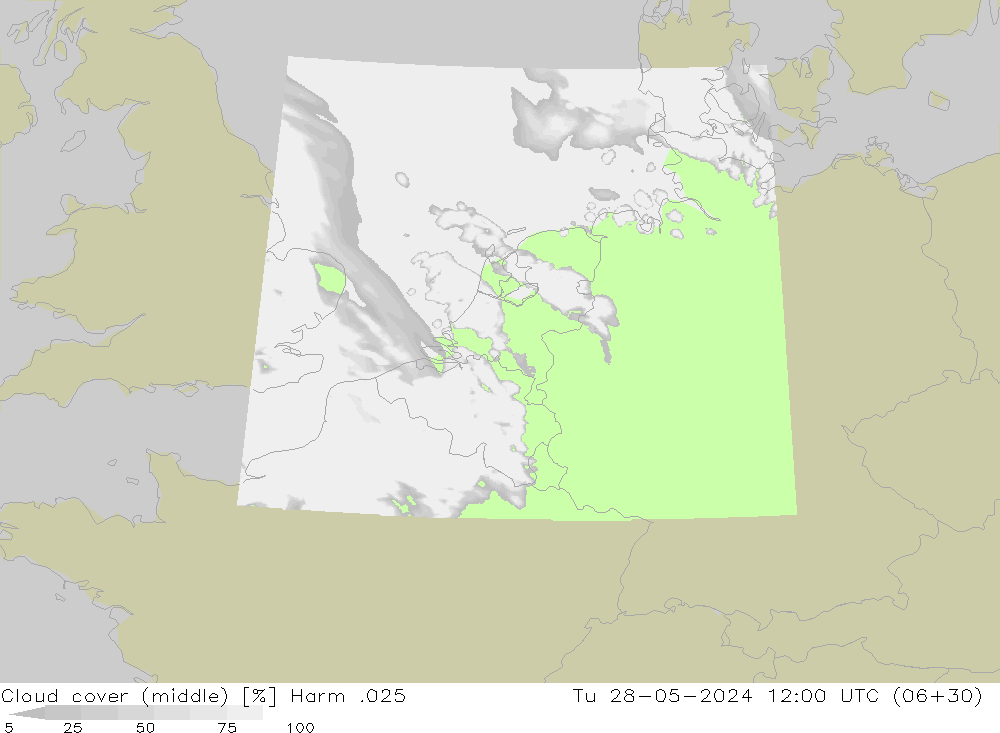 Cloud cover (middle) Harm .025 Tu 28.05.2024 12 UTC
