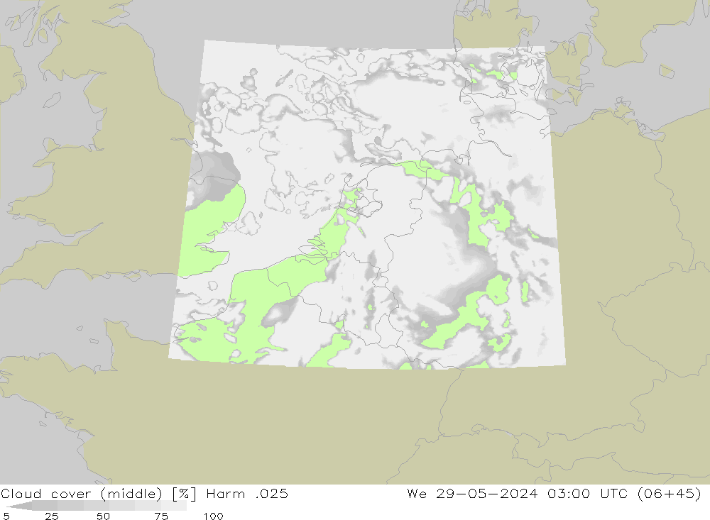 Cloud cover (middle) Harm .025 We 29.05.2024 03 UTC