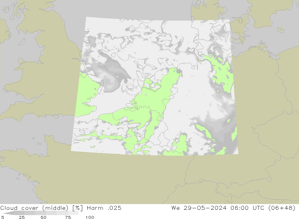 Cloud cover (middle) Harm .025 We 29.05.2024 06 UTC