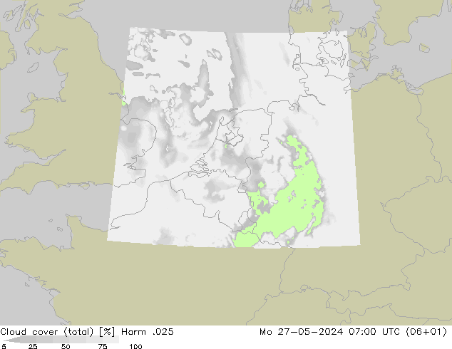 Cloud cover (total) Harm .025 Mo 27.05.2024 07 UTC